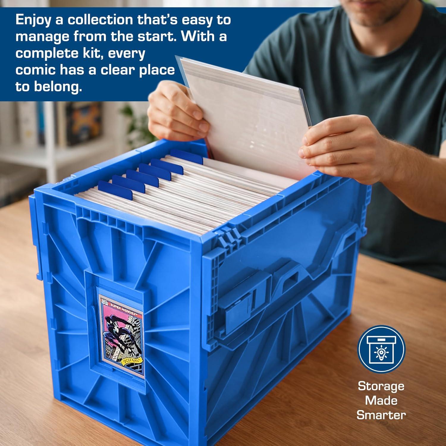 image:imageBCW Comic Book Bin Starter Kit with Short Comic Bin Dividers and Silver amp Current Comic Bags and Boards Archival Storage Box YellowBlue