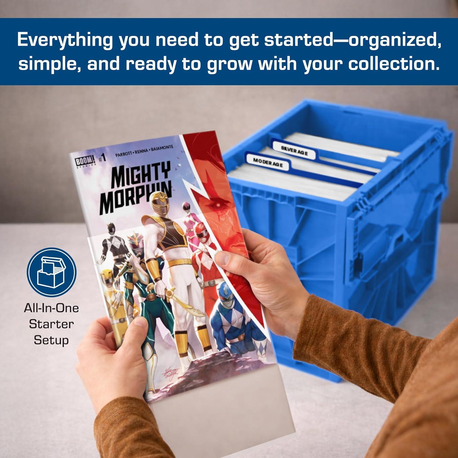 image:imageBCW Comic Book Bin Starter Kit with Short Comic Bin Dividers and Silver amp Current Comic Bags and Boards Archival Storage Box YellowBlue