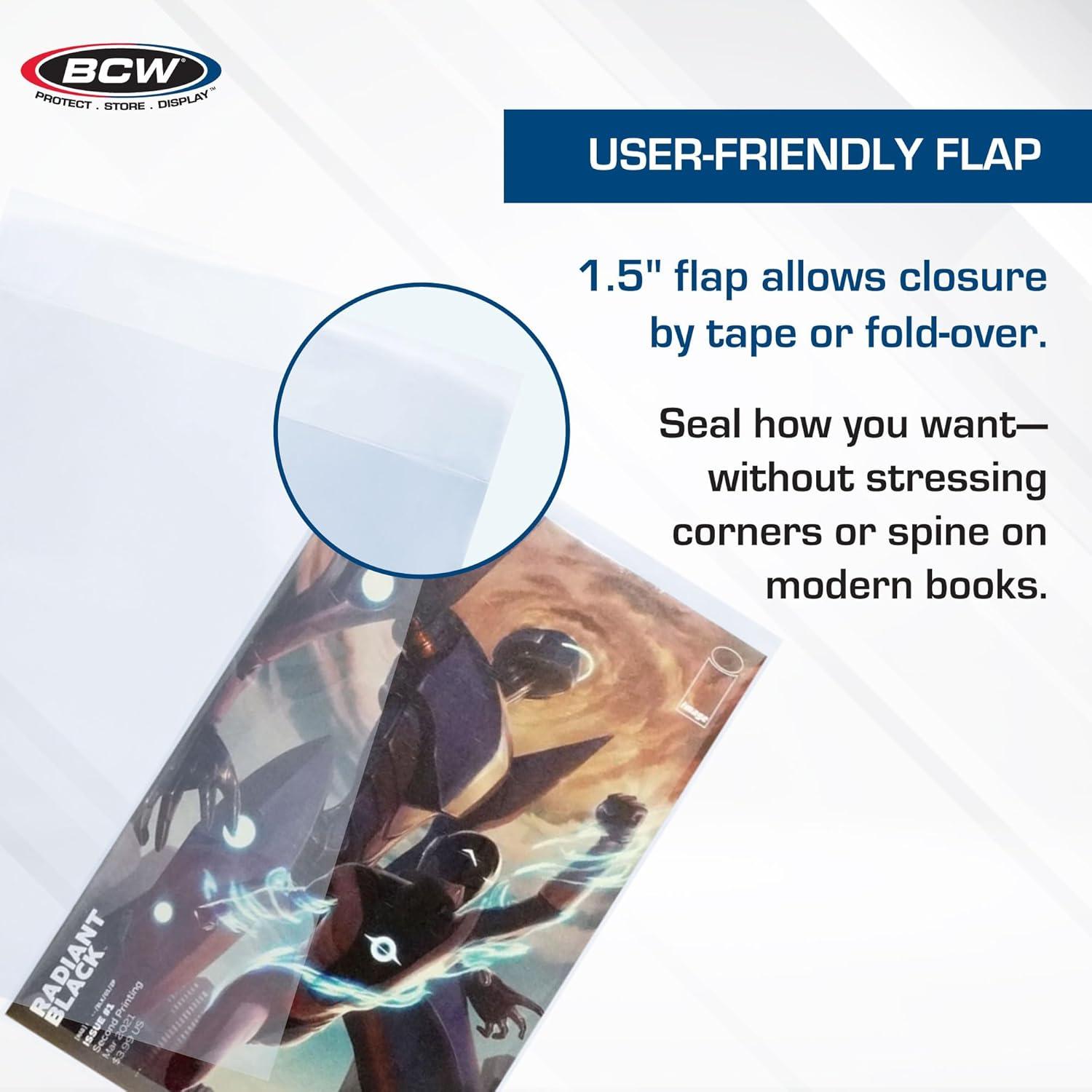 image:imageBCW CurrentModern Comic Mylar Archivals 2 MIL 50 Count Pack Archival Comic Book Bags Standard Size 7 x 105 Inches Secure 15 Inch Flap Protective Covers for Comic Book Collectors50 Pack