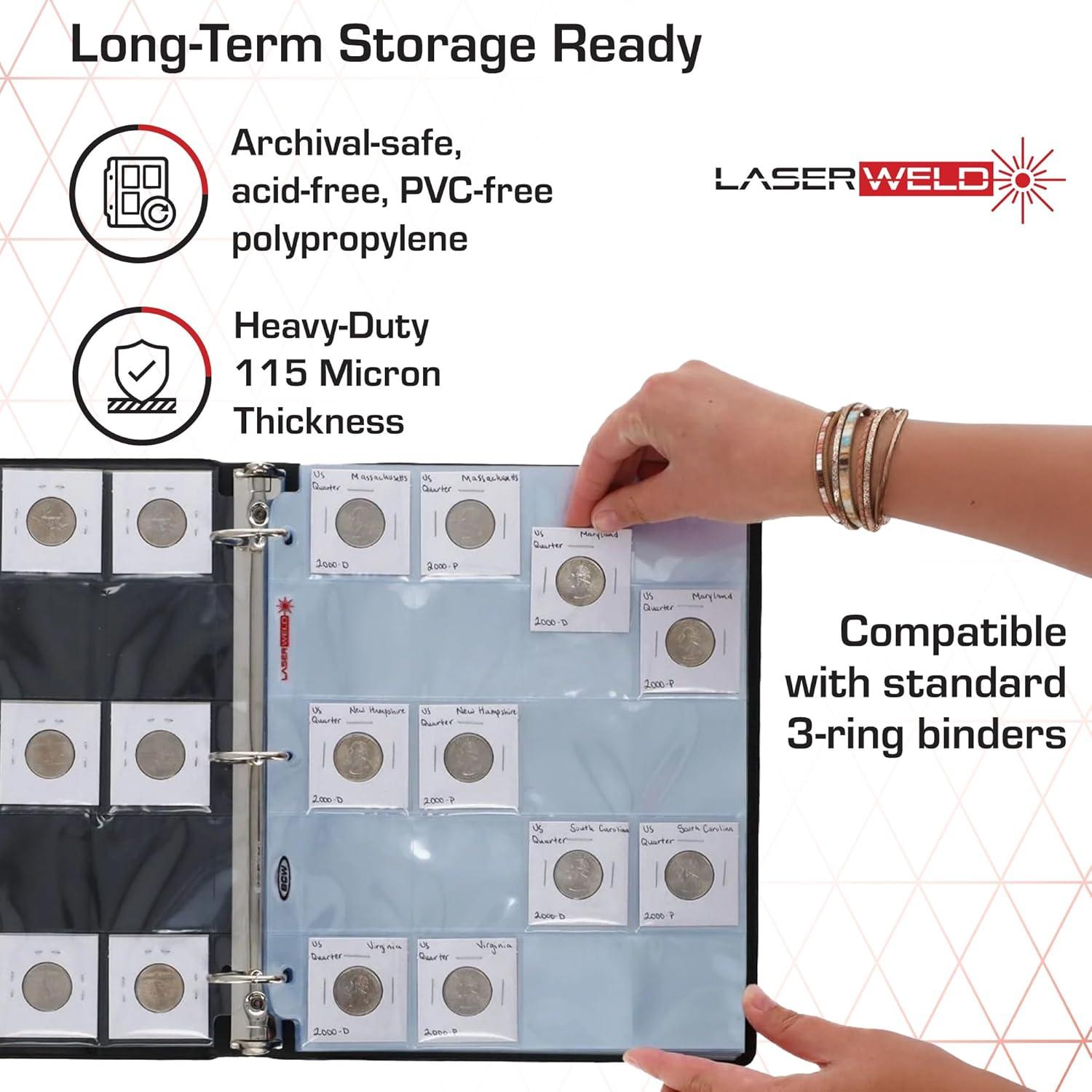 image:imageBCW LaserWeld 20Pocket Coin Pages 50 Count Archival AcidFree 3Ring Binder Pages for Coins Cards amp Slides Strong Flat LaserWelded Seams50 Pack
