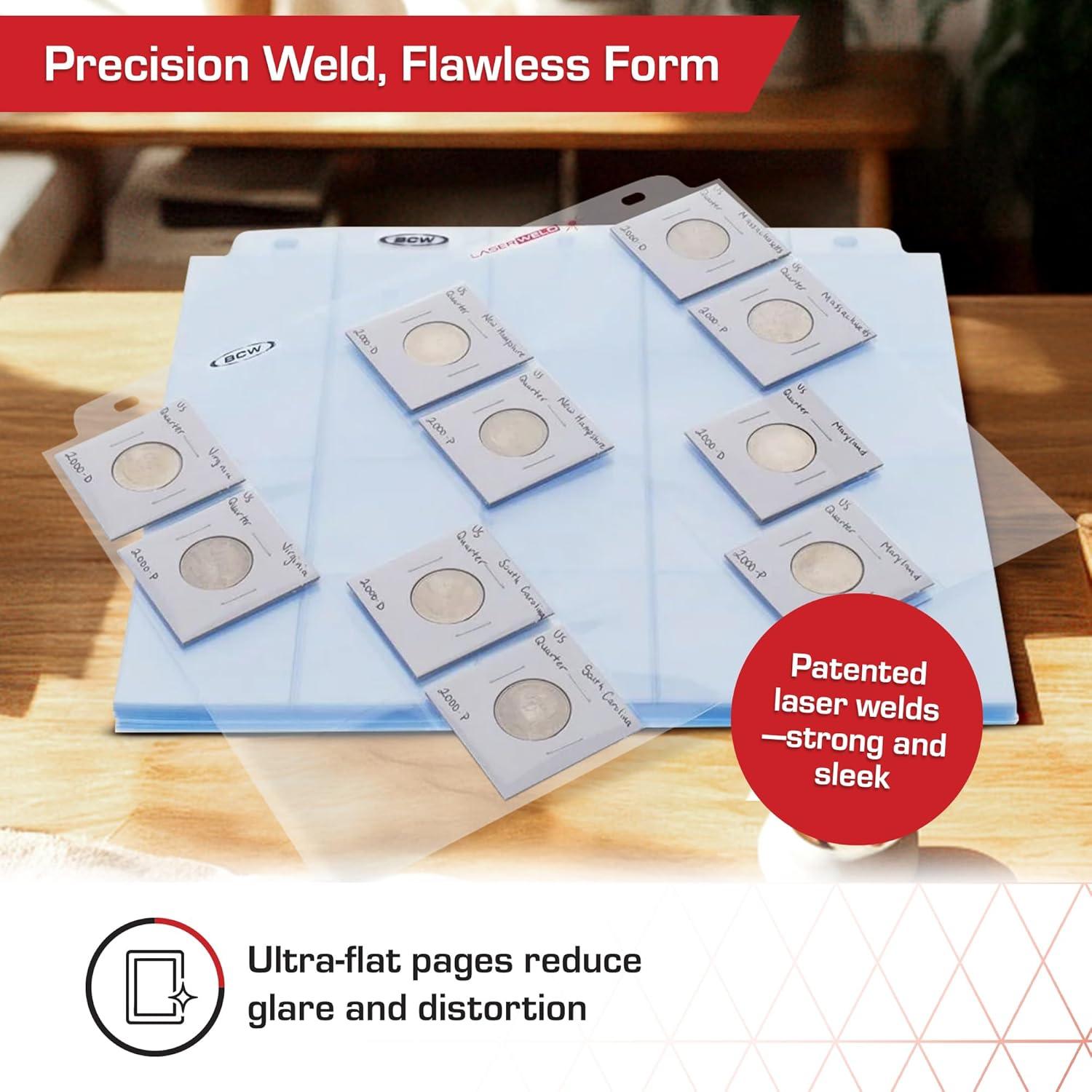image:imageBCW LaserWeld 20Pocket Coin Pages 50 Count Archival AcidFree 3Ring Binder Pages for Coins Cards amp Slides Strong Flat LaserWelded Seams50 Pack