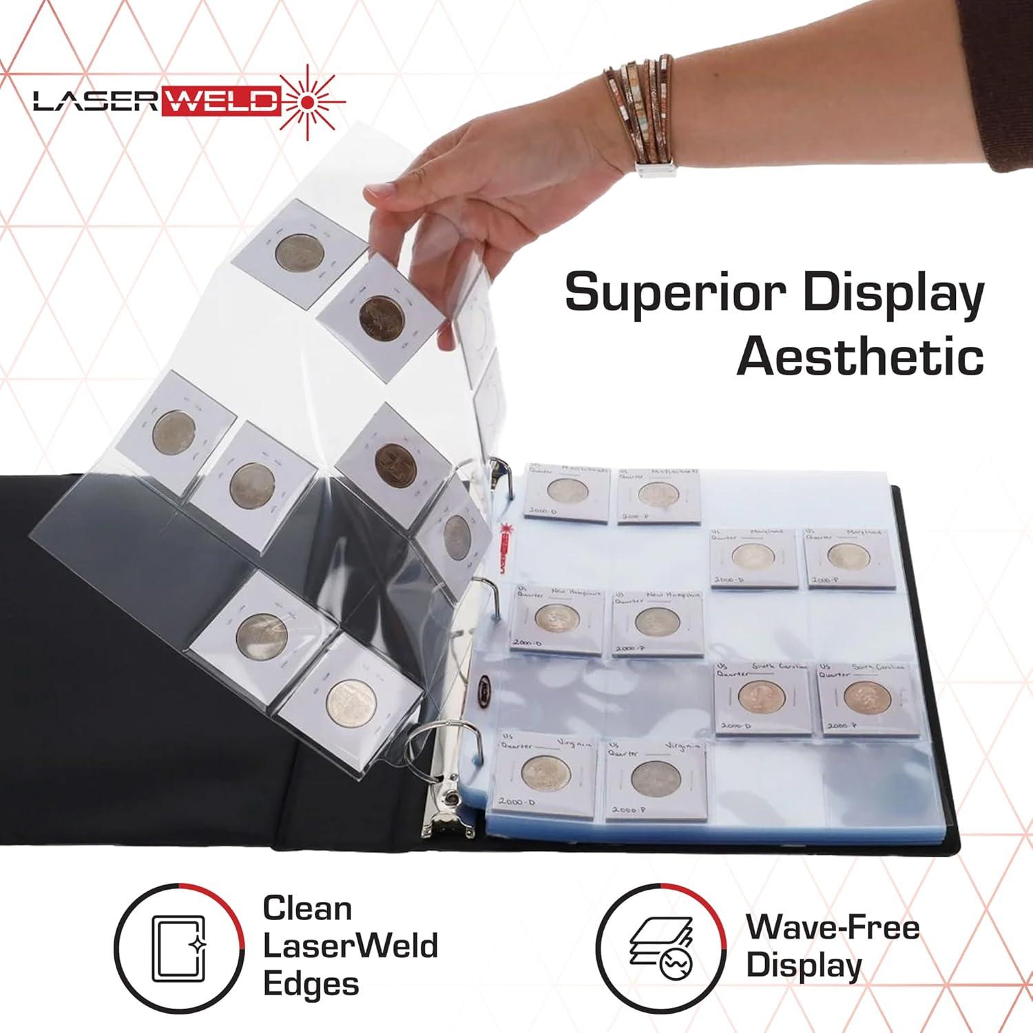 image:imageBCW LaserWeld 20Pocket Coin Pages 50 Count Archival AcidFree 3Ring Binder Pages for Coins Cards amp Slides Strong Flat LaserWelded Seams50 Pack
