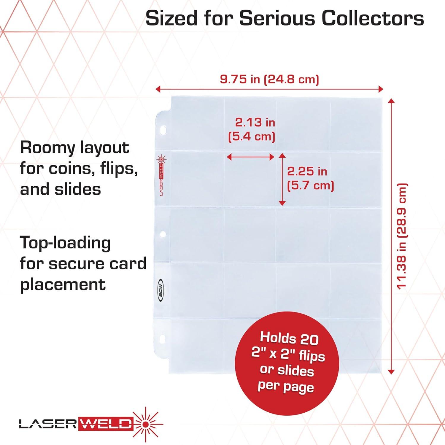 image:imageBCW LaserWeld 20Pocket Coin Pages 50 Count Archival AcidFree 3Ring Binder Pages for Coins Cards amp Slides Strong Flat LaserWelded Seams50 Pack
