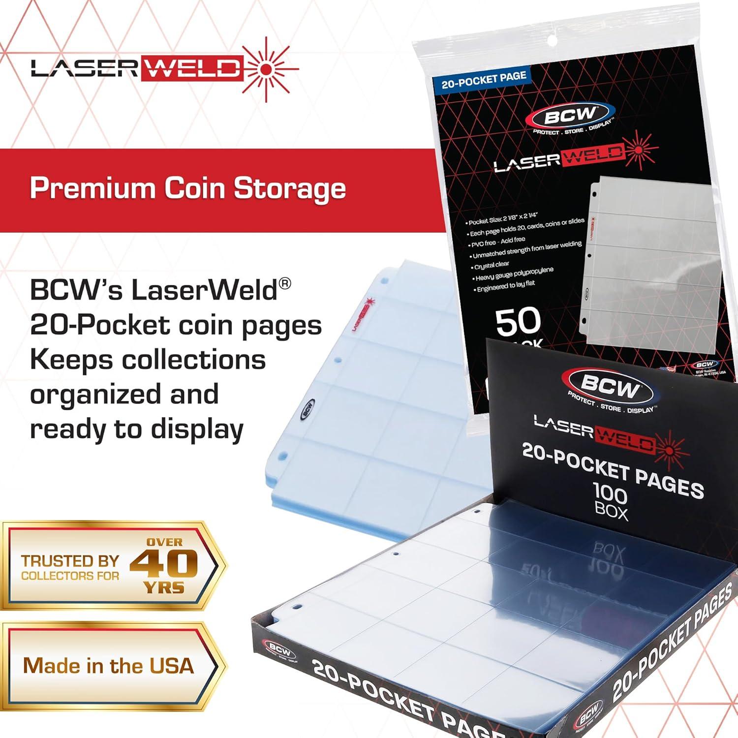 image:imageBCW LaserWeld 20Pocket Coin Pages 50 Count Archival AcidFree 3Ring Binder Pages for Coins Cards amp Slides Strong Flat LaserWelded Seams50 Pack