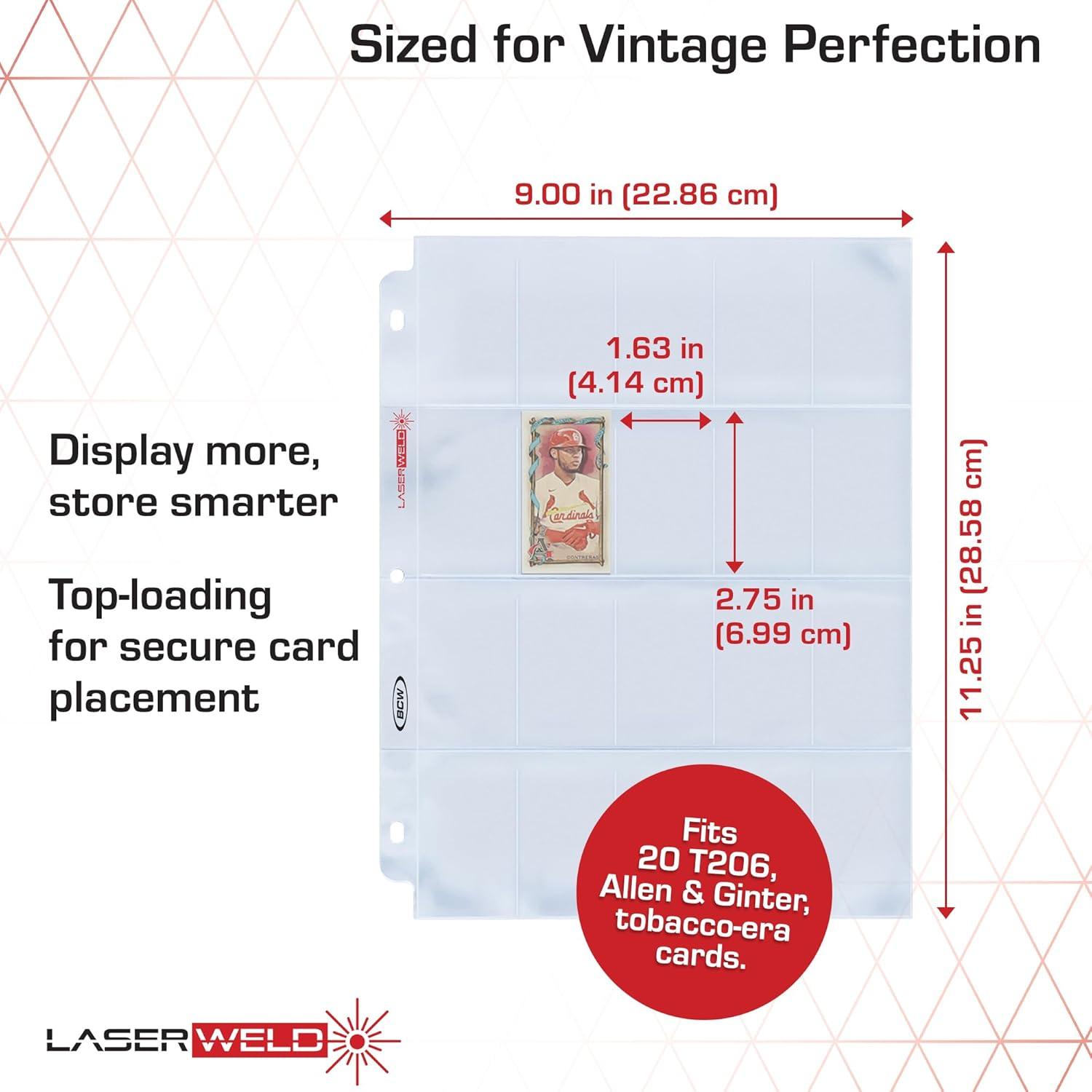 image:imageBCW LaserWeld 20Pocket Tobacco Card Pages  50 Pack  Archival Storage Sheets for T206 amp Vintage Mini Cards  Tobacco Card Holder Pages for 3Ring Binders  LaserWelded Trading Card Sheets100 Pack