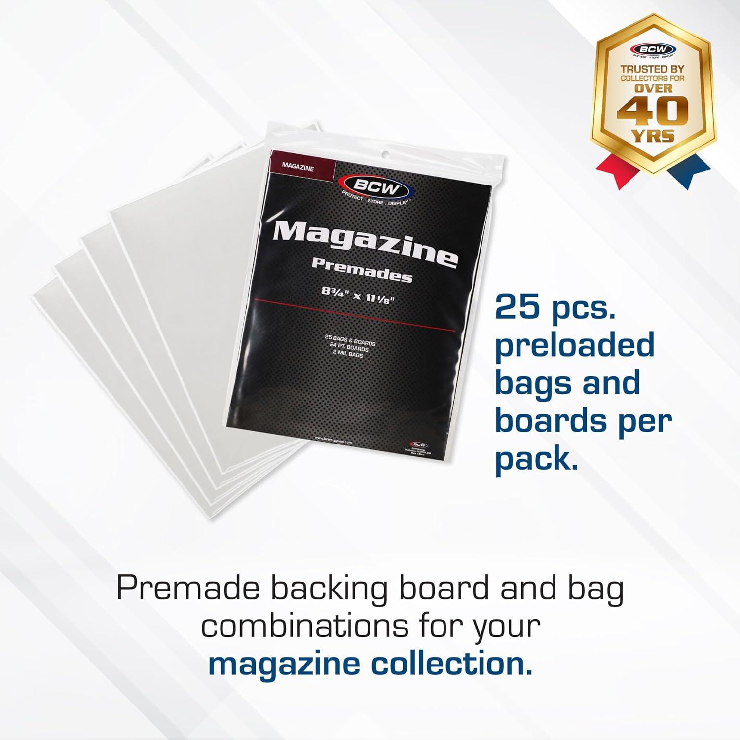image:imageBCW Magazine Bags and Boards 25 Pack Premade Resealable Magazine Protectors Standard Size 8 x 11 Magazine Sleeves and Boards PreLoaded for Storage and Display25