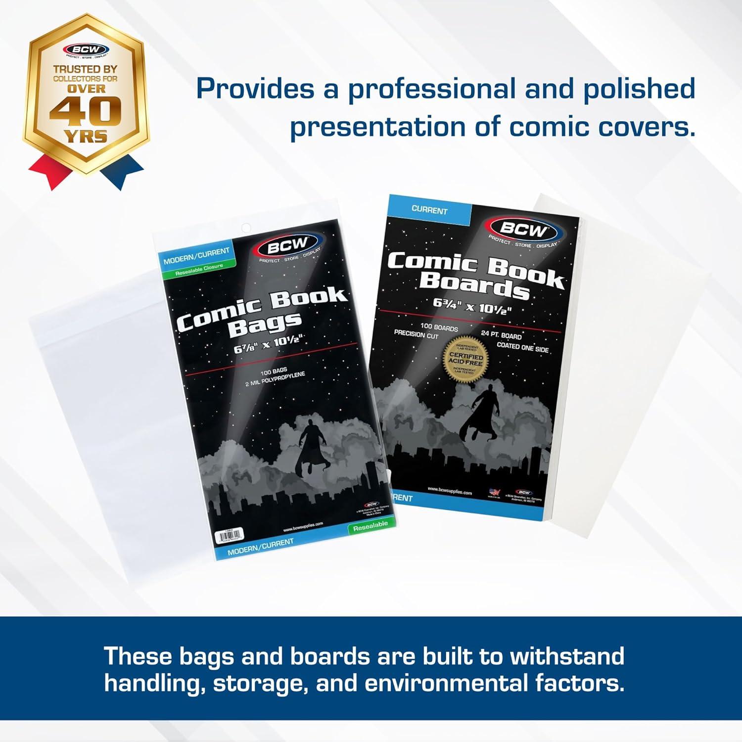 image:imageBCW Resealable Current Comic Book Combo Pack 100 Pack for AcidFree Backing Boards amp Resealable Bags Comic Book Storage amp Protection Fits Current Comics Archival Quality Standard 688x105200 Pack