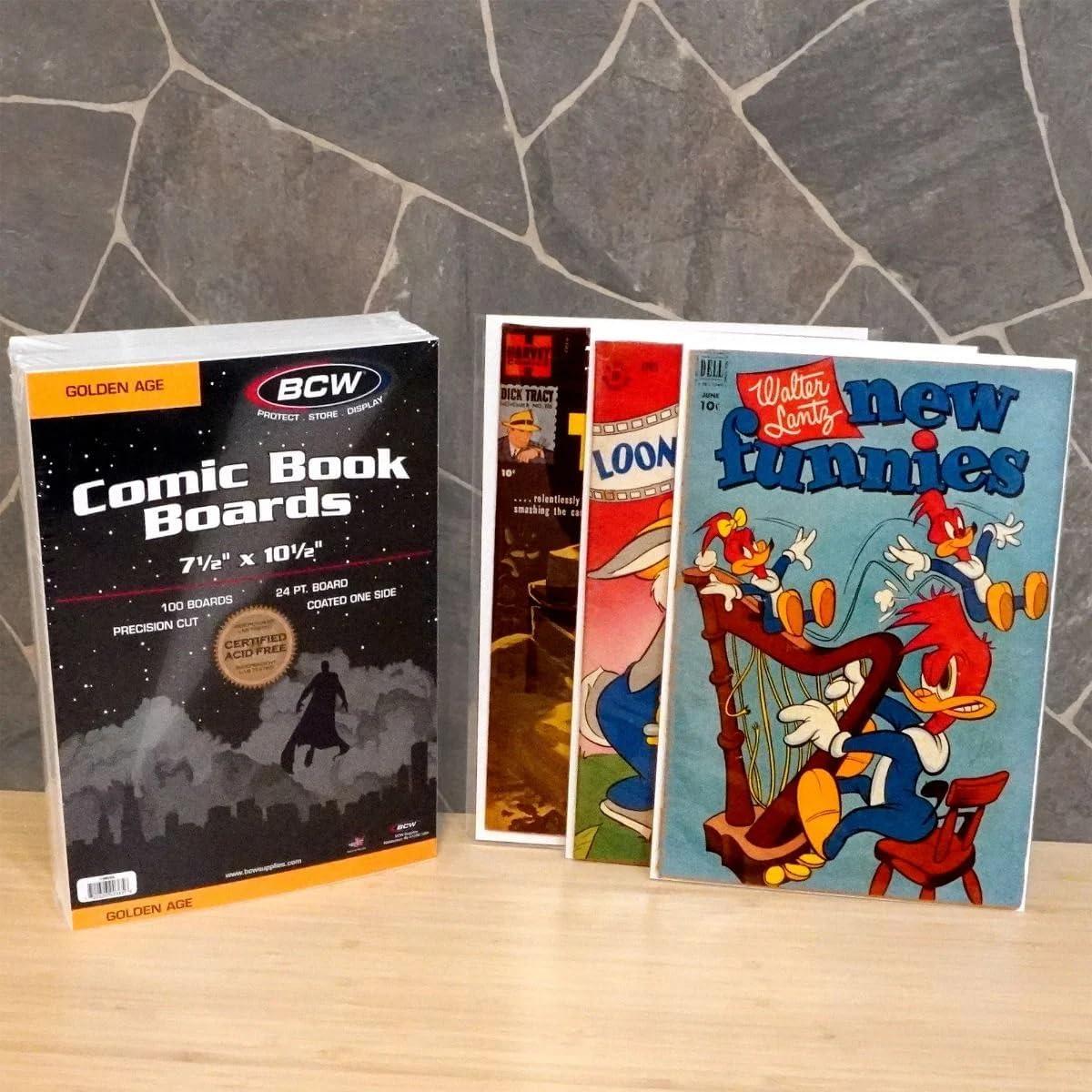 image:imageBCW Resealable Golden Age Comic Bags amp Backing Boards Bundle 100 Pack of Sleeves amp Boards AcidFree Archival Protection for Golden Age Comics Comic Book Bags Sleeves and Comic Book Boards