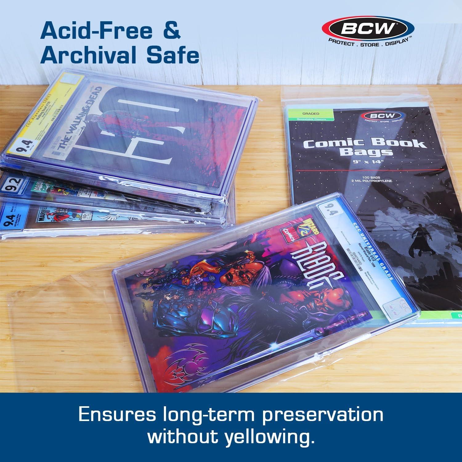 image:imageBCW Resealable Graded Comic Book Bags 100 Count Each AcidFree Storage Solution for Comic Collectors Protection and Display for Comic Books 9x14