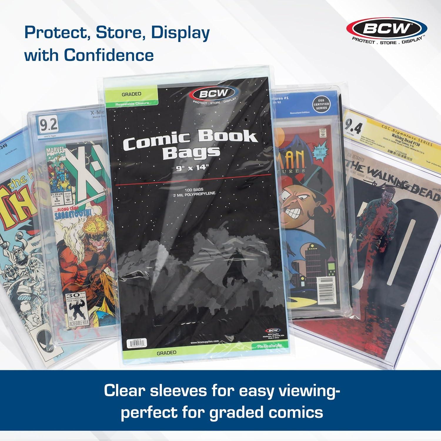 image:imageBCW Resealable Graded Comic Book Bags 100 Count Each AcidFree Storage Solution for Comic Collectors Protection and Display for Comic Books 9x14