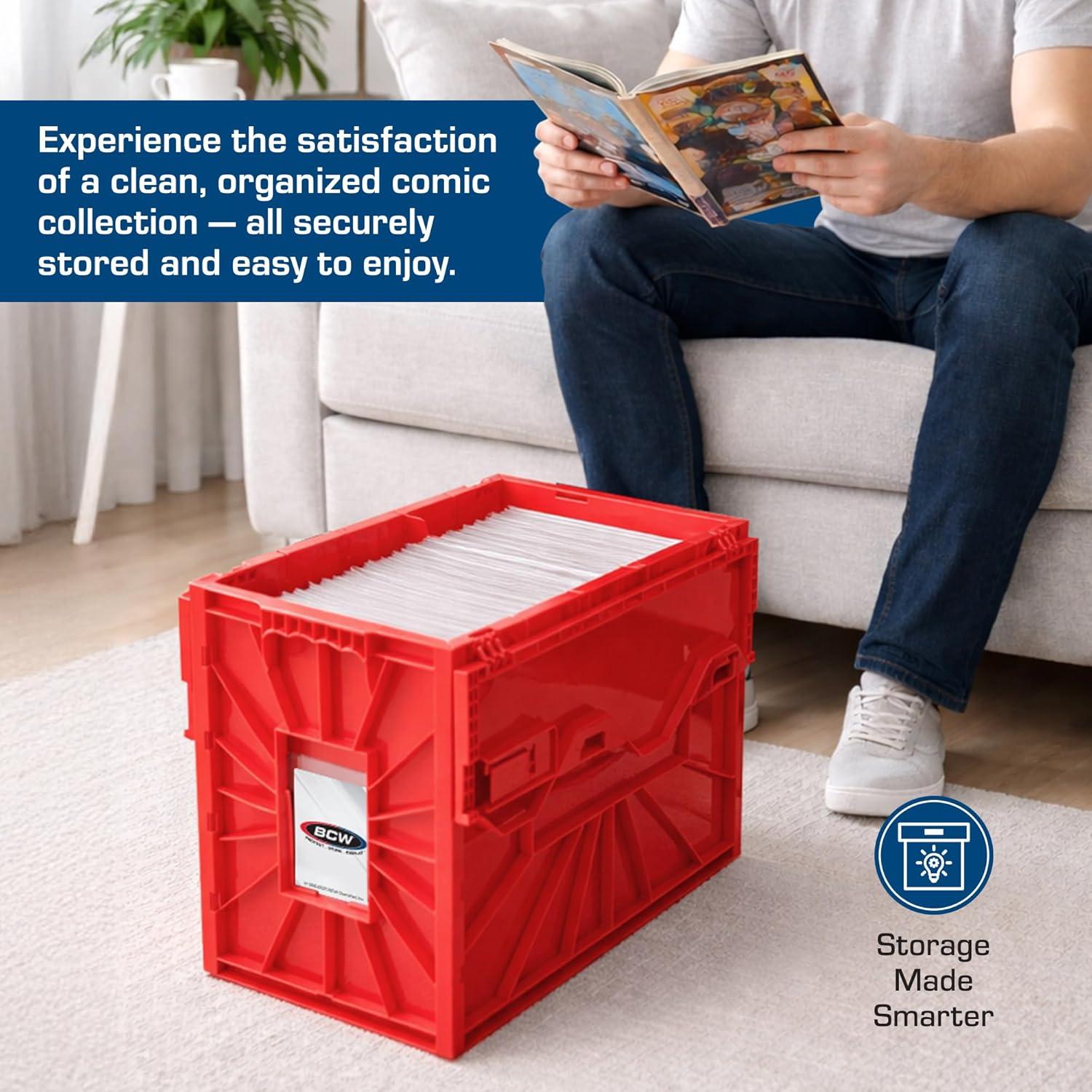 image:imageBCW Short Comic Book Bin Holds 150 Comics Stackable Plastic Storage AcidFree Organizer Red Single2 Pack