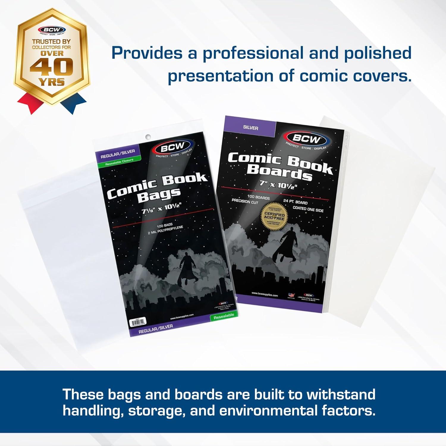 image:imageBCW Silver Age Comic Bags and Boards Combo 300 Ct 300 Silver Comic Backing Boards 300 Resealable Silver Comic Bags Archival Protection for Silver Age Comics Clear Comic Storage Solution