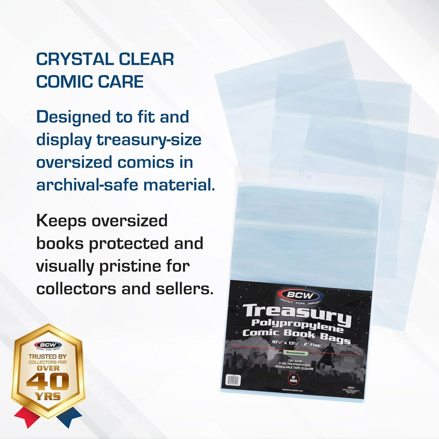 image:imageBCW Treasury Comic Bags 100 Pack ArchivalQuality AcidFree Polypropylene Sleeves for Storing Treasury Comics Crystal Clear Comic Book Storage 105 x 135 InchesResealable