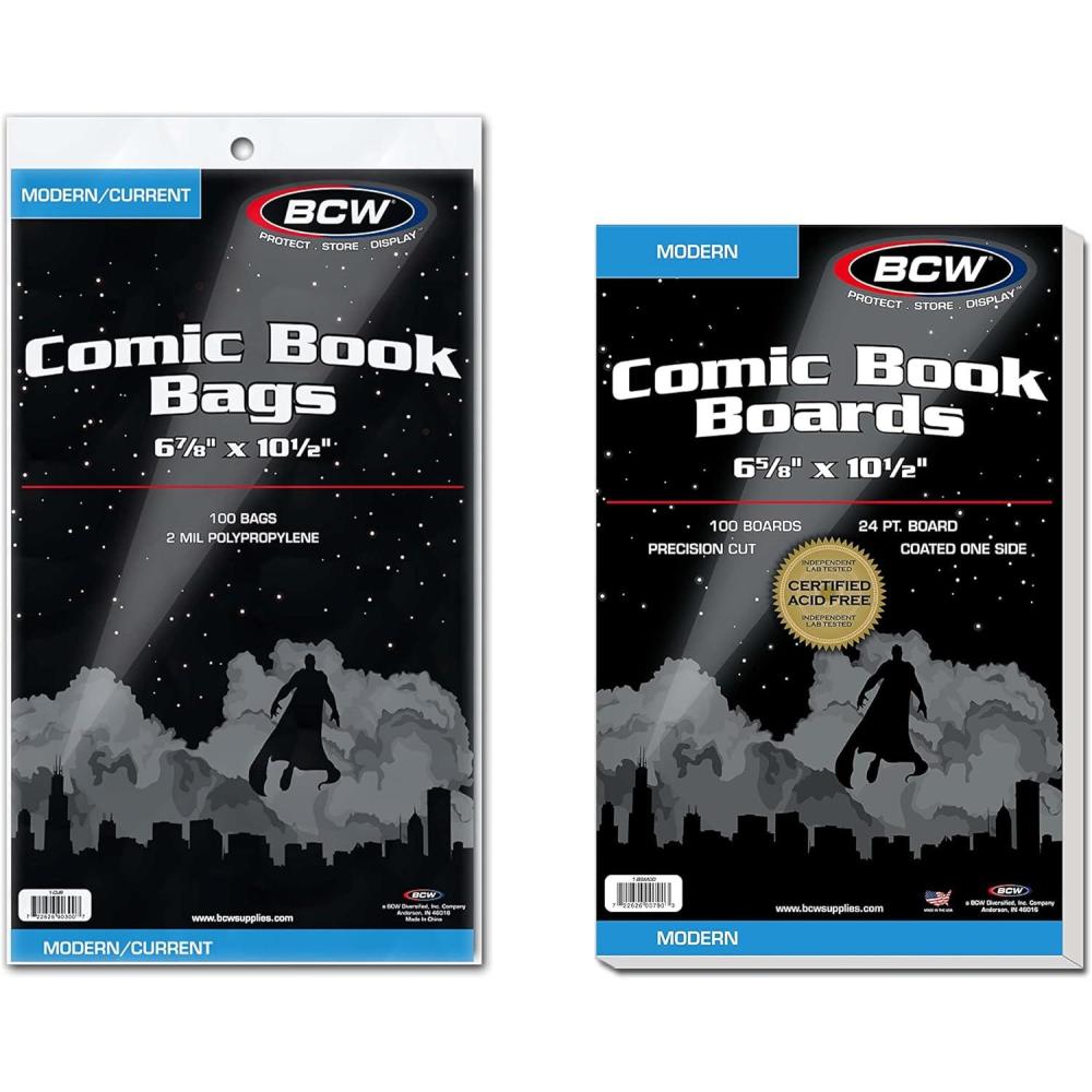 image:imageBCW Comic Bags amp Modern Backing Boards 100ct AcidFree Archival Storage Prevent Damage to Comics 6 78 x 10 12 Bags 6 58 x 10 12 Boards Clear Polypropylene Comic Book Bags and Boards