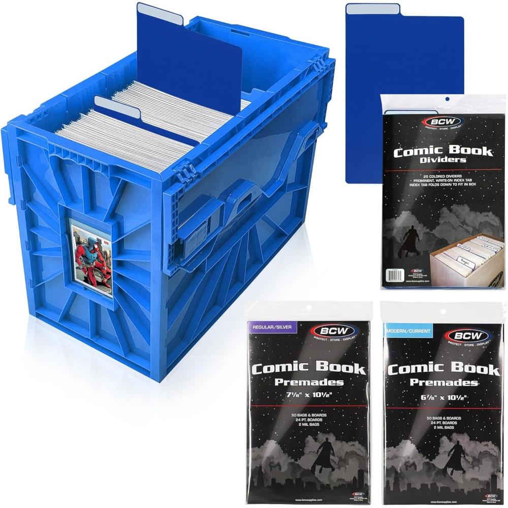 image:imageBCW Comic Book Bin Starter Kit with Short Comic Bin Dividers and Silver amp Current Comic Bags and Boards Archival Storage Box YellowBlue