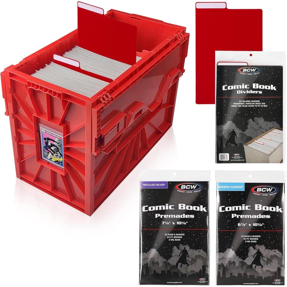 image:imageBCW Comic Book Bin Starter Kit with Short Comic Bin Dividers and Silver amp Current Comic Bags and Boards Archival Storage Box YellowRed