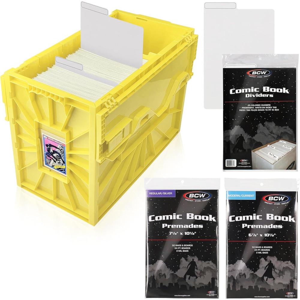 image:imageBCW Comic Book Bin Starter Kit with Short Comic Bin Dividers and Silver amp Current Comic Bags and Boards Archival Storage Box YellowYellow