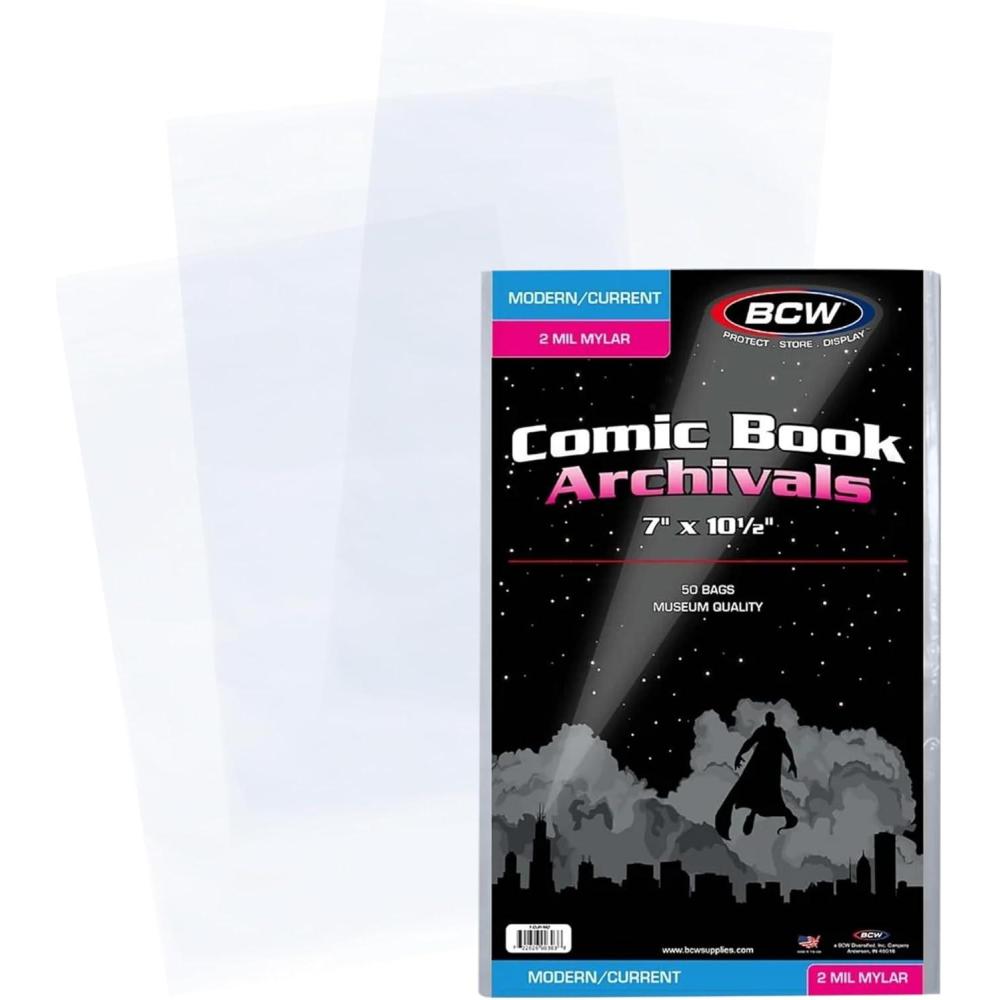 image:imageBCW CurrentModern Comic Mylar Archivals 2 MIL 50 Count Pack Archival Comic Book Bags Standard Size 7 x 105 Inches Secure 15 Inch Flap Protective Covers for Comic Book Collectors50 Pack