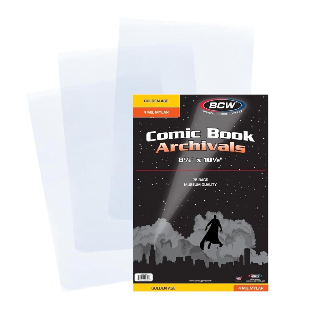 image:imageBCW Golden Comic Storage  Archival Polyester Mylar Comic Bags 4 mil Thickness  Fits Golden Age Comics  112 Closure Flap  Crystal Clear Protection  Preserves Comic Book Condition