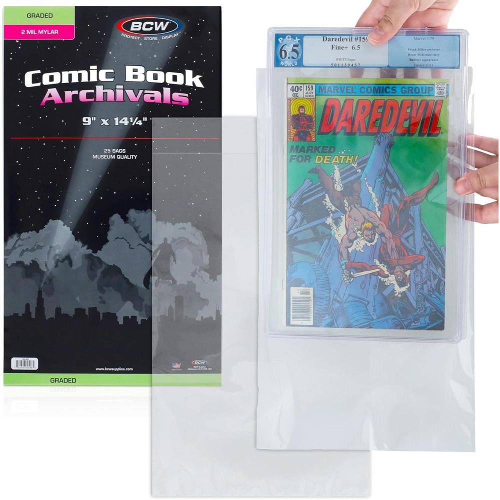 image:imageBCW Graded Mylar Comic Book Bags 25ct Archival Polyester Protection Fits CGC Graded Comics 2 Mil Thickness 112 Flap for Secure Closure 9 x 14 14 Clear Comic Storage