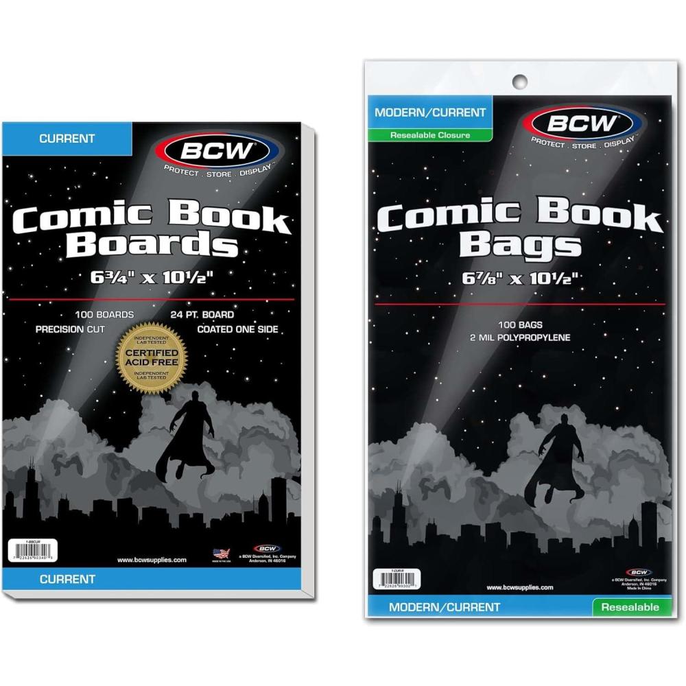 image:imageBCW Resealable Current Comic Book Combo Pack  100 Pack for AcidFree Backing Boards amp Resealable Bags  Comic Book Storage amp Protection  Fits Current Comics  Archival Quality  Standard 688x105100 Pack
