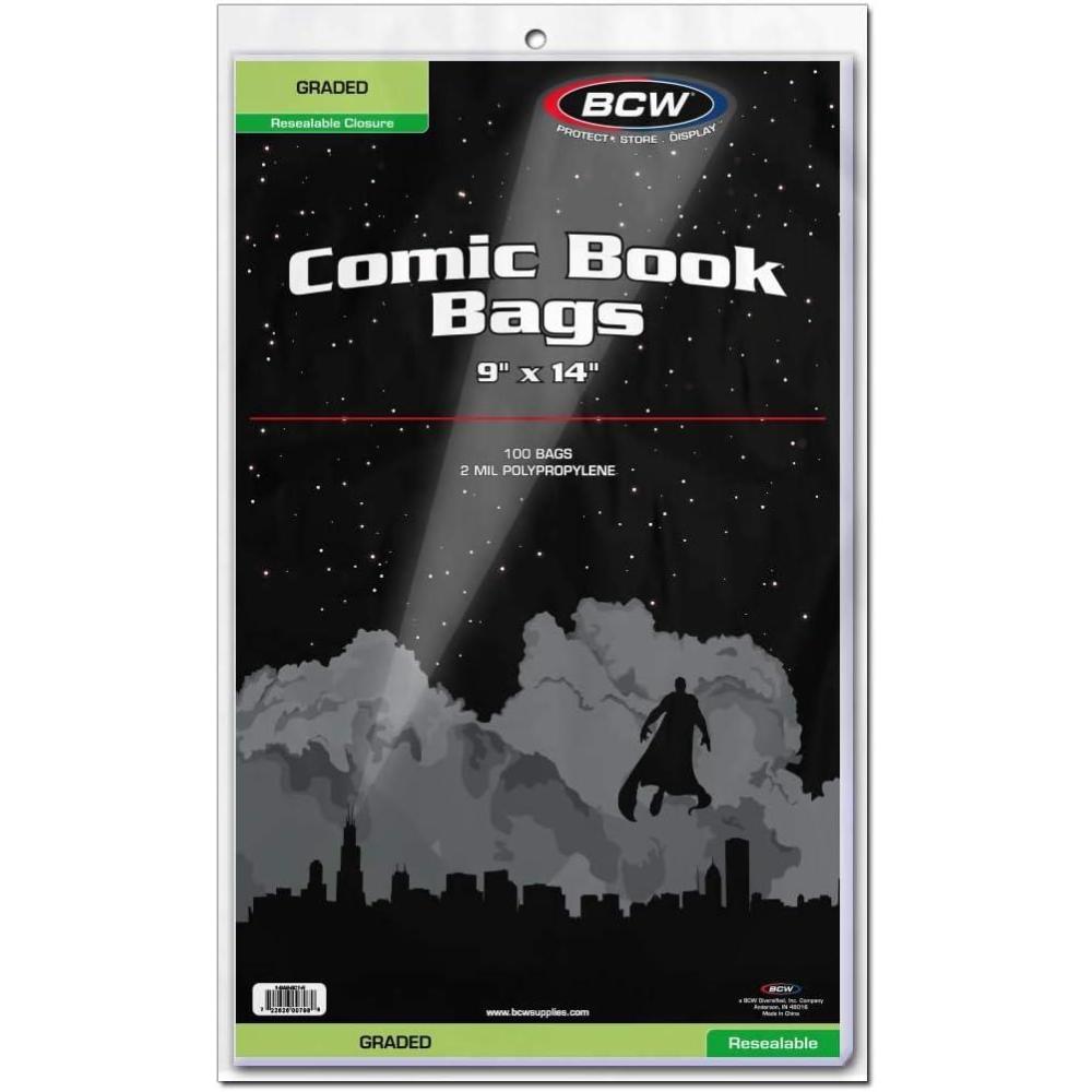 image:imageBCW Resealable Graded Comic Book Bags  Pack of 100  Crystal Clear Polypropylene Sleeves for CGC and CBCS Slabs  AcidFree Archival Quality Resealable Comic Book Protectors  9x14