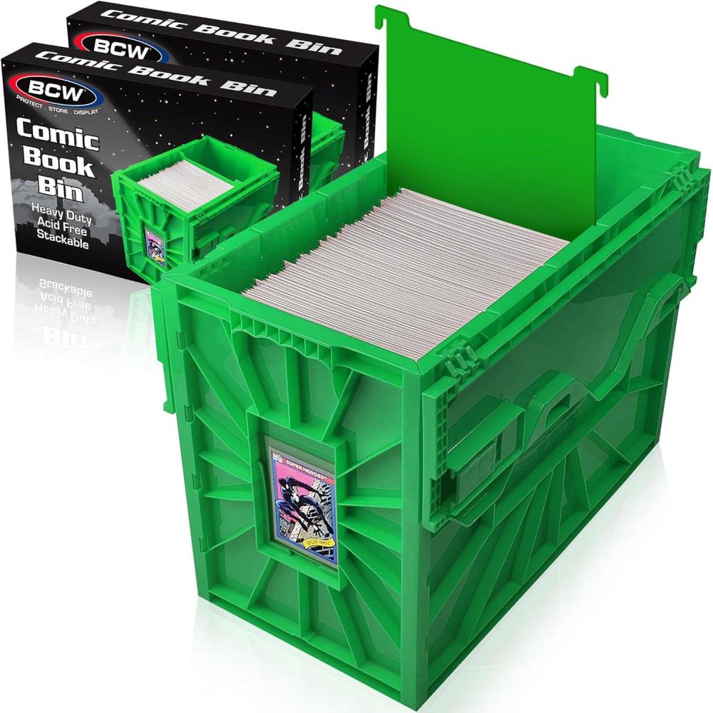 image:imageBCW Short Comic Book Bin Holds 150 Comics Stackable Plastic Storage AcidFree Organizer Green Single2 Pack