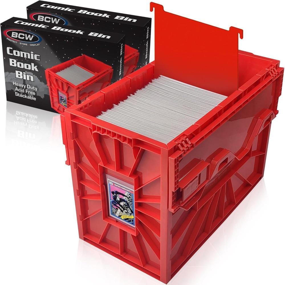 image:imageBCW Short Comic Book Bin Holds 150 Comics Stackable Plastic Storage AcidFree Organizer Red Single2 Pack