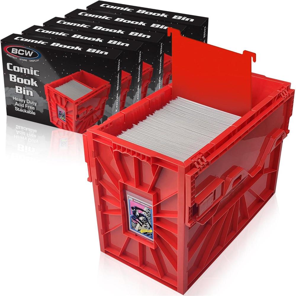 image:imageBCW Short Comic Book Bin Holds 150 Comics Stackable Plastic Storage AcidFree Organizer Red Single5 Pack