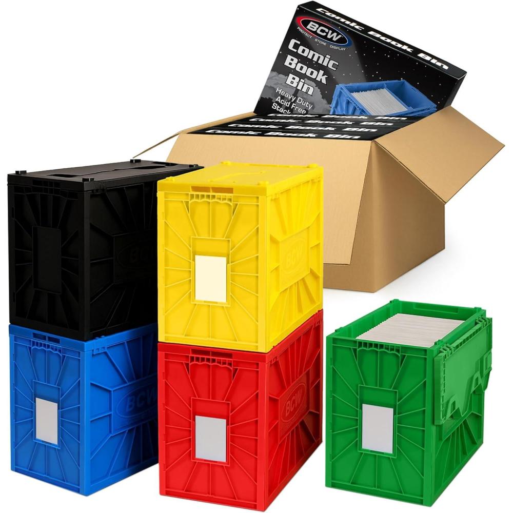 image:imageBCW Short Comic Book Bin 5 Pack  Assorted Colors  Comic Book Storage Box Set  Plastic Comic Organizer  Heavy Duty AcidFree Bin with Partitions