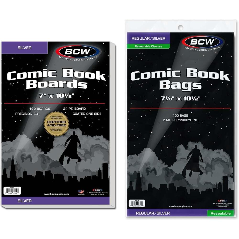 image:imageBCW Silver Age Comic Bags and Boards Combo 500 Ct 500 Silver Comic Backing Boards 500 Resealable Silver Comic Bags Archival Protection for Silver Age Comics Clear Comic Storage Solution
