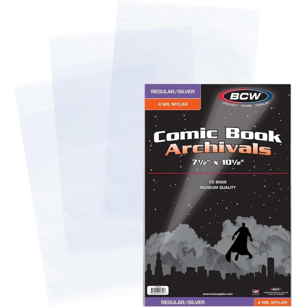 image:imageBCW Silver Age Comic Mylar Archival Bags 4 MIL Archival Polyester Mylar Comic Book Bags Fits Silver Age Comics 25 Pack 15 FoldOver Flap4 Mil
