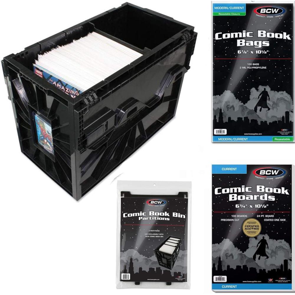 image:imageBCW Starter Comic Book Storage Kit  Storage Box Partitions Resealable AcidFree Bags Comic Backing Boards  Organize Modern Comics  Heavy Duty Comic Bags and Boards  Comic Collectors Essential
