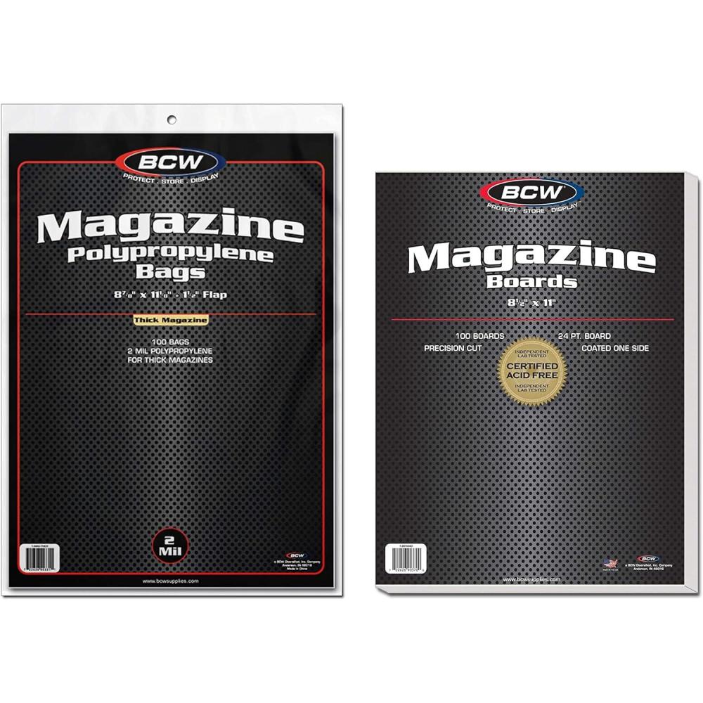 image:imageBCW Thick Magazine Bags and Backing Boards Combo Pack  100 Each  Archival Clear Polypropylene Bags  AcidFree Precision Cut Boards  Collectible Preservation Supplies  Magazine Storage