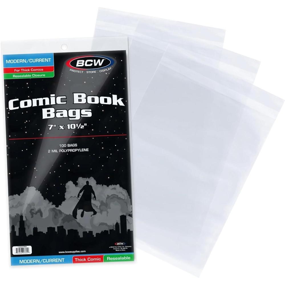 image:imageBCW Thick Resealable CurrentModern Comic Bags 200 ct AcidFree Modern Comic Bags for Current Issues Exterior 7 x 10 12 inches Crystal Clear Protection for Your Comic Collection1 Pack