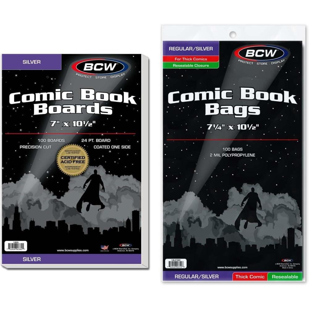 image:imageBCW Thick Resealable SilverRegular Comic Bags amp BCW Silver Comic Backing Boards AcidFree Storage for Comics Comic Book Sleeves and Boards 100 Bags amp 100 Boards