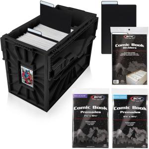 BCW Comic Book Bin Starter Kit with Short Comic Bin Dividers and Silver & Current Comic Bags and Boards, Archival Storage Box, Yellow(Black)