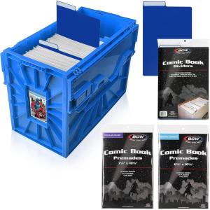 BCW Comic Book Bin Starter Kit with Short Comic Bin Dividers and Silver & Current Comic Bags and Boards, Archival Storage Box, Yellow(Blue)