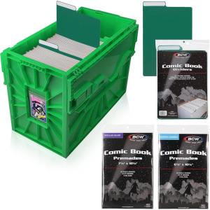 BCW Comic Book Bin Starter Kit with Short Comic Bin Dividers and Silver & Current Comic Bags and Boards, Archival Storage Box, Yellow(Green)
