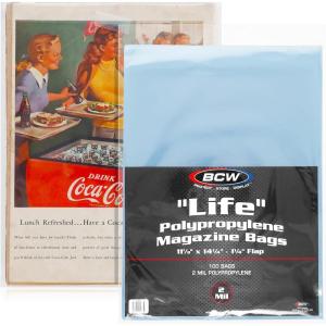 BCW Life Magazine Bags | Crystal Clear Polypropylene | Acid-Free Archival Quality | Protect and Store Collectible Life Magazines | Exterior 11 1/8 x 14 1/4 (Non-Resealable, 200 Pack)(100 Pack)