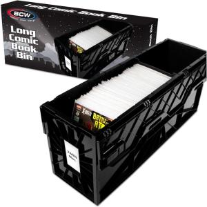 BCW Long Comic Book Bin – 1 Pack | Heavy Duty Comic Book Storage Box | Stackable Comic Bin Organizer for 300 Comics Each | Acid-Free Plastic Comic Book Box with Divider & Label Slot(Single)