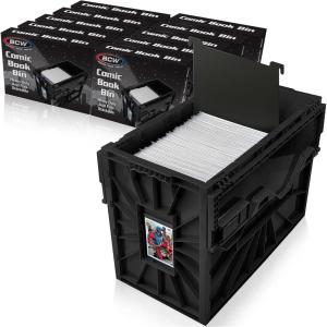 BCW Short Comic Book Bin | Holds 150 Comics | Stackable Plastic Storage | Acid-Free Organizer | Black, 5 Pack(10 Pack)