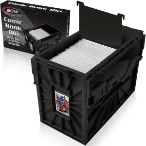 BCW Short Comic Book Bin | Holds 150 Comics | Stackable Plastic Storage | Acid-Free Organizer | Black, 5 Pack(Single)