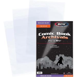 BCW Silver Age Comic Mylar Archival Bags – 4 MIL | Archival Polyester Mylar Comic Book Bags | Fits Silver Age Comics | 25 Pack | 1.5” Fold-Over Flap
