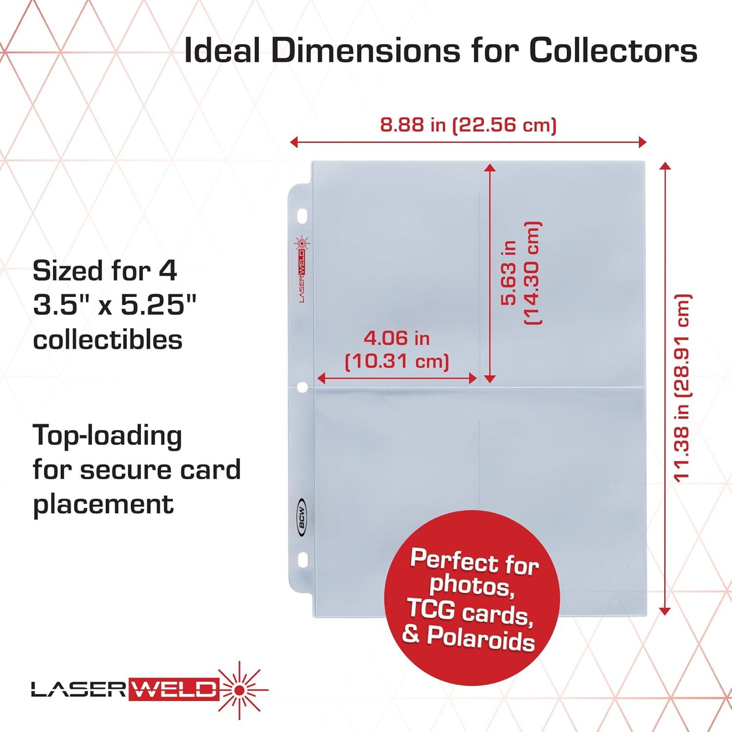 image:imageBCW LaserWeld 4Pocket Page 50 Count Binder Pages Photo Sleeves for 3 Ring Binder 35x525 Cards Polaroids Archival AcidFree100 Pack