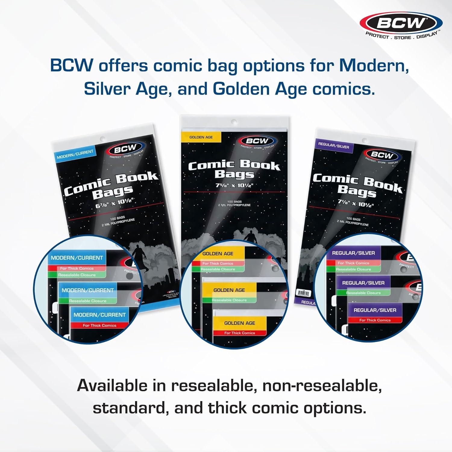 image:imageBCW Resealable Golden Age Comic Bags 100 Pack Crystal Clear AcidFree Protection Polypropylene Sleeves Comic Bags for Secure Storage of Standard Golden Comics Collection