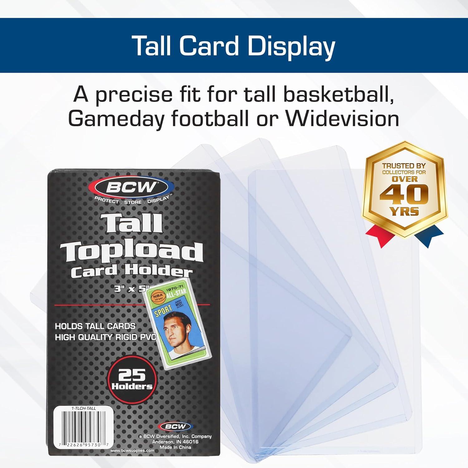 image:imageBCW Tall Card Topload Holders 25 Pack Premium Top Loaders for Sports Trading Cards Fits Tall Basketball Football Widevision Cards Clear Rigid Toploader Card Protectors