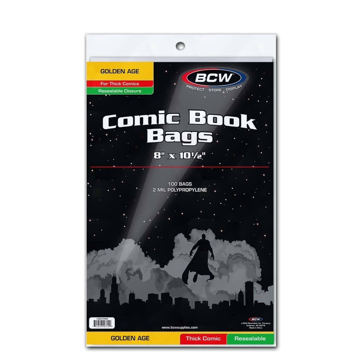 image:imageBCW Thick Resealable Golden Age Comic Bags 100 Pack Crystal Clear AcidFree Protection Polypropylene Sleeves Comic Bags for Secure Storage of Standard Golden Comics Collection