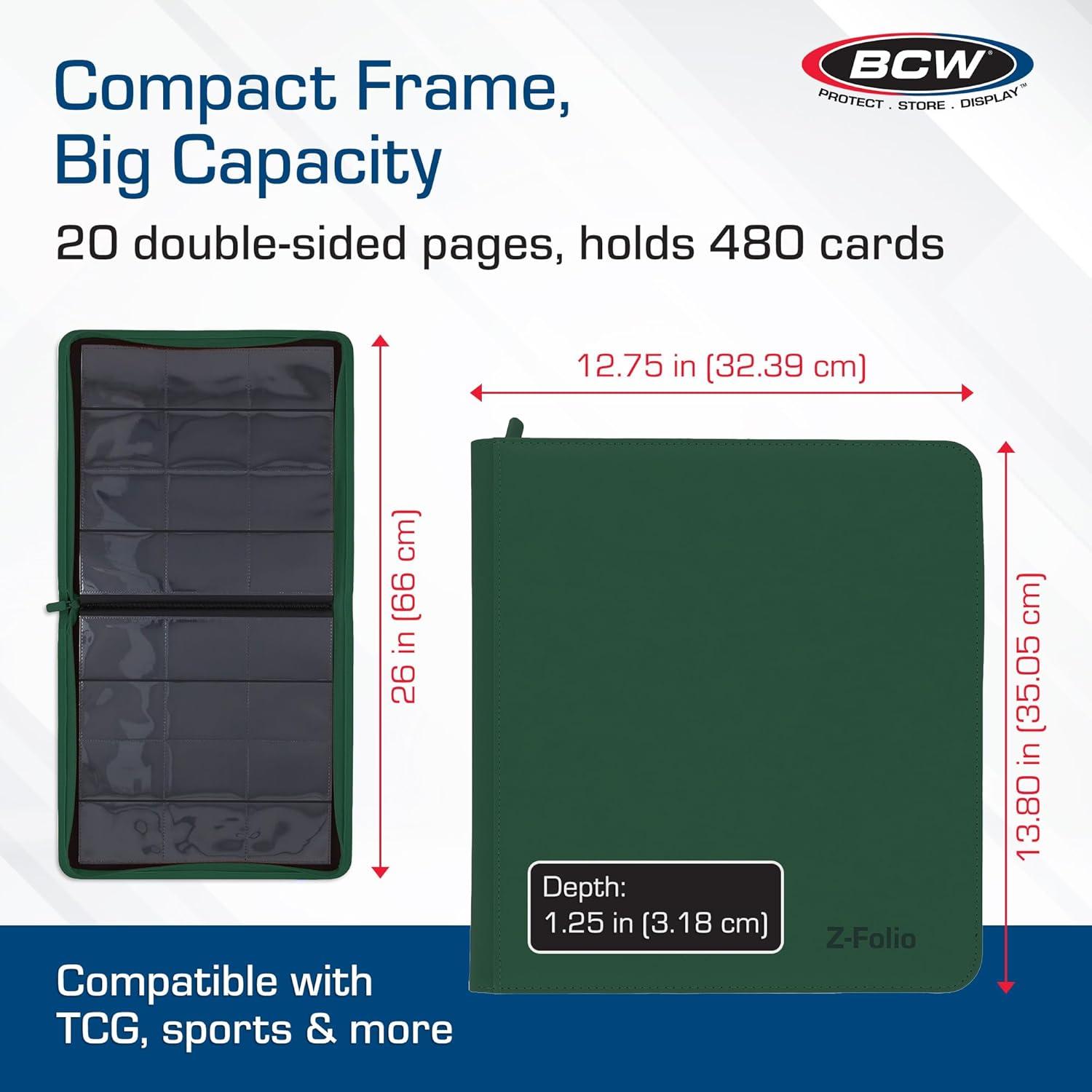 image:imageBCW ZFolio LX Zipper Portfolio Premium Green Leatherette 12Pocket Playset Album Secure Zipper 480 Card Capacity Card Collectors Dream Card Organizer Trading Card Storage