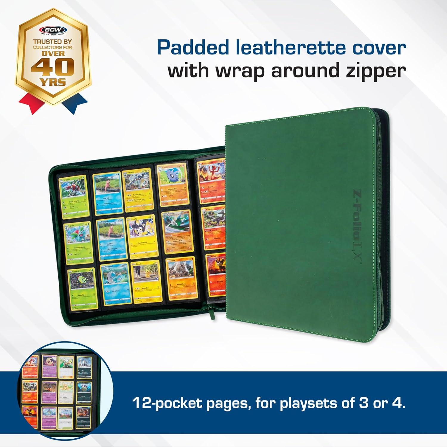 image:imageBCW ZFolio LX Zipper Portfolio Premium Green Leatherette 12Pocket Playset Album Secure Zipper 480 Card Capacity Card Collectors Dream Card Organizer Trading Card Storage